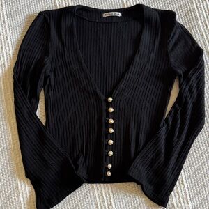 Reformation Black Ribbed Pearl-Button Cardigan